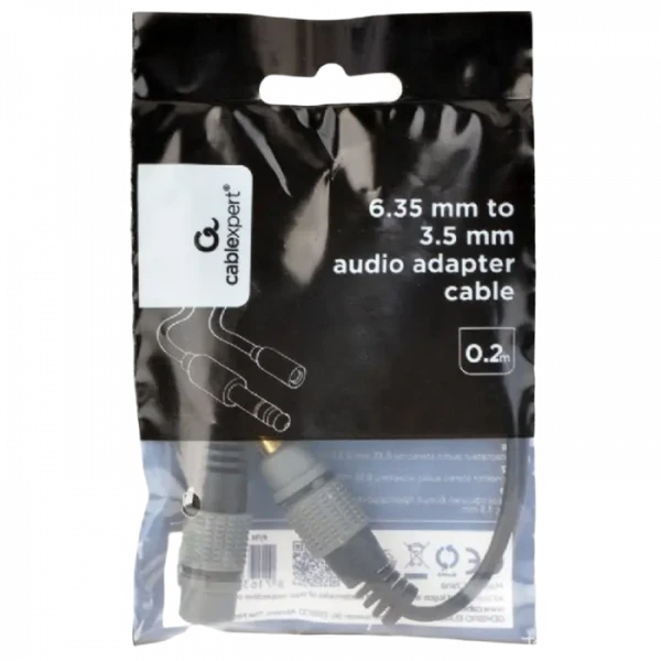 Аудио адаптер Cablexpert A-63M35F-0.2M, 3.5mm 3-pin (F) - 6.35mm 3-pin (M), 0,2м, Чёрный