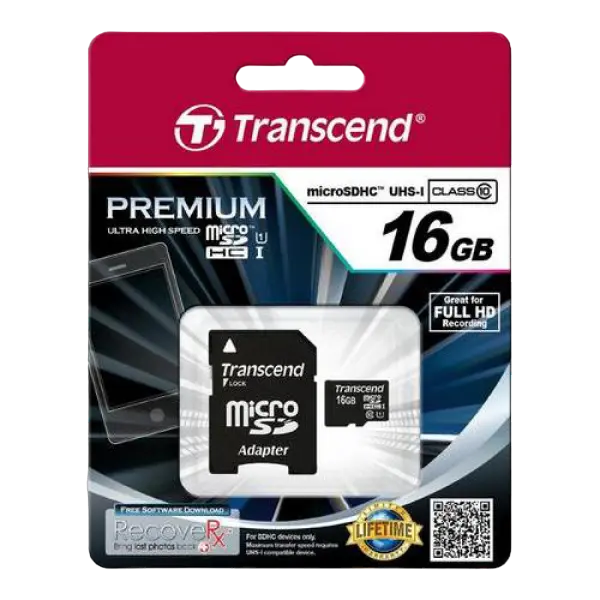 Карта памяти Transcend microSDHC UHS-I (U1), Class 10, 16Гб (TS16GUSDU1)