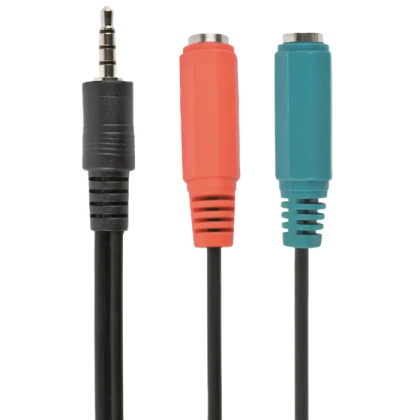 Аудио адаптер Cablexpert CCA-417, 3.5mm 4-pin (M) - 2x 3.5mm 3-pin (F), 0,2м, Чёрный