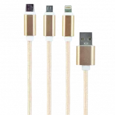 Кабель для зарядки и синхронизации Cablexpert CC-USB2-AM31-1M-G, USB Type-A/Micro USB, Type-C, Lighting, 1м, Золотистый