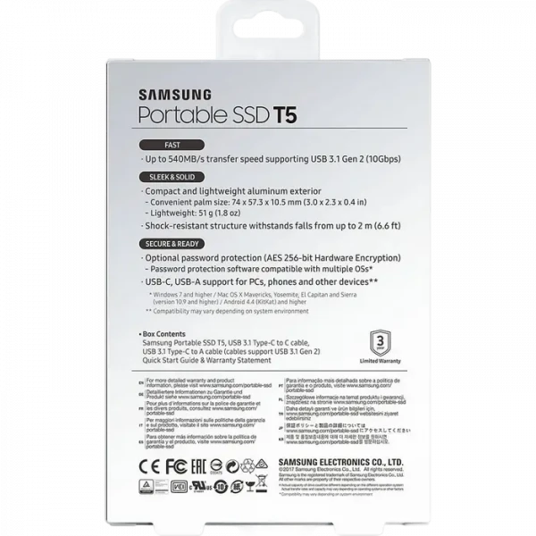 Внешний портативный SSD-накопитель Samsung Portable SSD T5, 2 TB, Чёрный (MU-PA2T0B/WW)