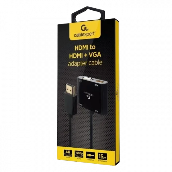 Adaptor Cablexpert A-HDMIM-HDMIFVGAF-01, HDMI (M) - HDMI (F) + VGA, 0.15 m, Negru