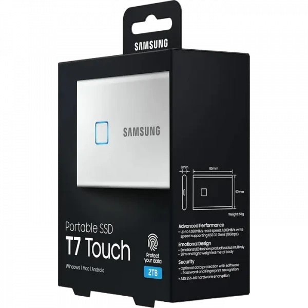 Внешний портативный SSD накопитель Samsung Portable SSD T7 Touch, 2 TB, Серебристый (MU-PC2T0S/WW)